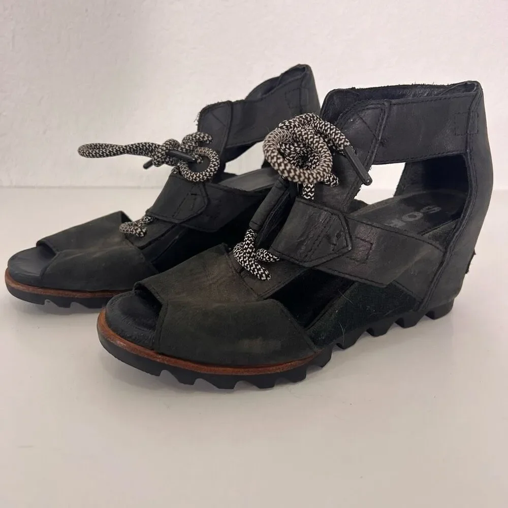 Sorel Black Leather Cutout Detail Lace Up Wedge‎ Sandals